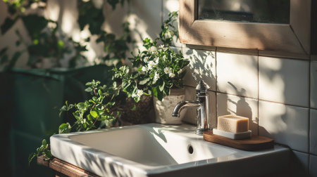 A serene bathroom scene featuring a polished white faucet, surrounded by greenery and soft natural light, creating a fresh and inviting atmosphere.の素材