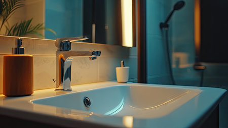 Close-up of a shiny faucet handle in a modern bathroom sink, showcasing elegant lines and reflective surfaces that enhance stylish decor and cleanliness.の素材