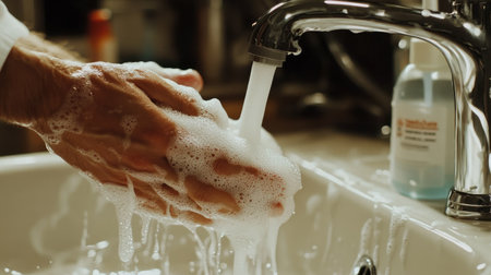 A close-up view of hands washing with soap under running water at a kitchen sink. The image captures the importance of hygiene and daily routines in a domestic setting.の素材