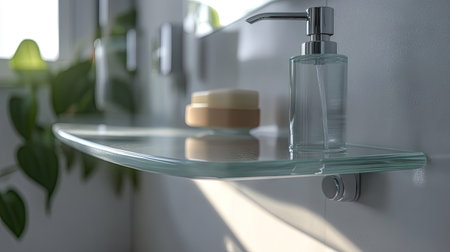 A sleek and modern washroom featuring a glass shelf with stylish accessories. The soft lighting and natural elements create a serene and inviting ambiance.の素材