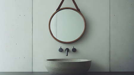 Explore a contemporary bathroom featuring a unique round mirror and sleek concrete accents. The minimalist design promotes a serene and modern atmosphere.の素材