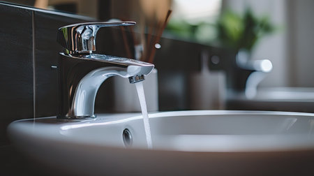 This modern white sink features a sleek faucet with flowing water, highlighting an elegant and clean bathroom design. The aesthetic enhances any interior space.の素材