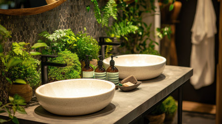 Discover the serene beauty of elegant porcelain sinks paired with lush greenery, creating a tranquil and stylish bathroom ambiance perfect for relaxation and rejuvenation.の素材