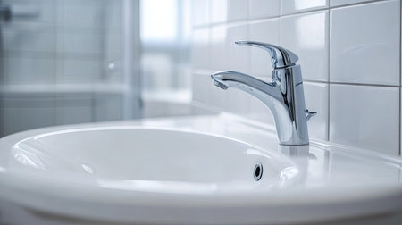 A close-up view of a modern porcelain bathroom sink featuring a sleek chrome faucet. The clean and minimalist design enhances any contemporary bathroom decor.の素材