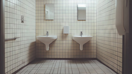 Explore an elegant bathroom setup featuring modern sinks and minimalist design elements. Clean lines and a neutral palette create a serene atmosphere.の素材