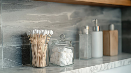 A beautifully arranged bathroom countertop showcasing essentials like cotton swabs and jars, blending modern design with functionality for an elegant touch.の素材