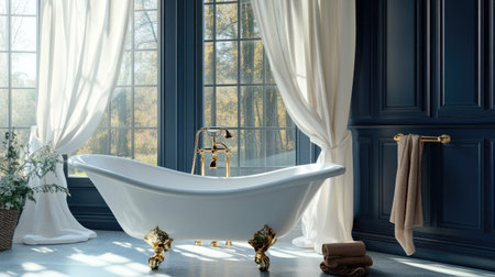 Discover an elegant navy blue bathroom featuring a vintage bathtub and large windows that invite natural sunlight, creating a serene and inviting atmosphere.の素材