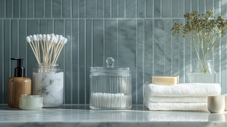 A serene bathroom scene featuring neatly arranged essentials on a countertop. The aesthetic includes cotton swabs, towels, and natural elements, promoting cleanliness and relaxation.の素材