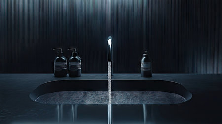 This sleek modern bathroom showcases a minimalist faucet design, capturing a luxurious and contemporary ambiance perfect for elegant decor.の素材