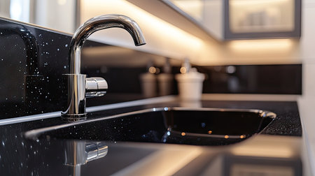 A close-up view of a stylish faucet and sink in a minimalist washroom, showcasing modern design elements, sleek lines, and elegant surfaces for a clean and serene ambiance.の素材
