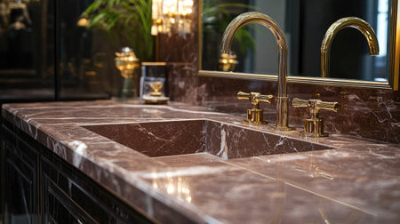 Discover an exquisite bathroom counter featuring sleek marble and luxurious gold fixtures. Perfect for enhancing any upscale interior space.の素材