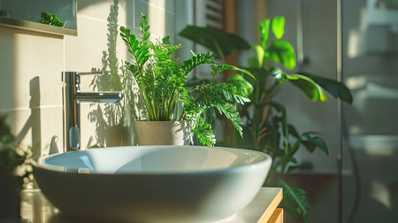 This image showcases a modern bathroom interior featuring a sleek white sink surrounded by lush greenery, creating a serene and inviting atmosphere. Natural light accentuates the space.の素材