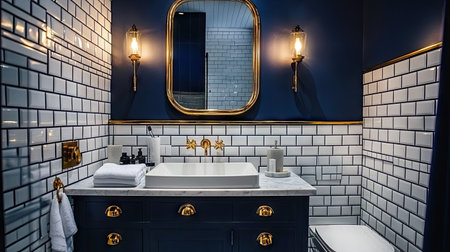 Explore a stylish navy and white bathroom featuring elegant tiles, modern fixtures, and chic decor, ideal for a sophisticated home renovation.の素材