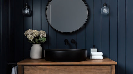 Explore a stylish dark blue bathroom featuring a sleek black sink and elegant decor elements, creating a cozy and inviting modern space.の素材