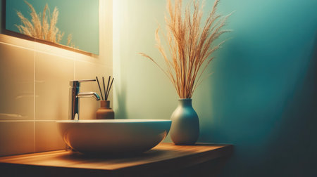 Explore a serene bathroom corner featuring a stylish vessel sink and elegant decor. This image combines modern design with soothing colors, creating a tranquil atmosphere perfect for relaxation.の素材