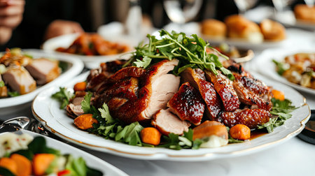 A beautifully arranged plate of roasted duck garnished with fresh herbs, surrounded by colorful vegetables, perfect for festive dining and celebrations.の素材