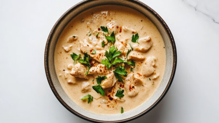 A delectable bowl of creamy chicken curry garnished with fresh herbs, perfect for an inviting meal. Enjoy its rich flavors and comforting texture.の素材