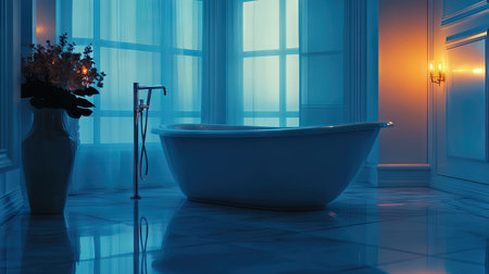 Discover a serene luxury bathroom featuring a stylish white bathtub surrounded by elegant decor and calming lighting, creating a perfect relaxation space.の素材