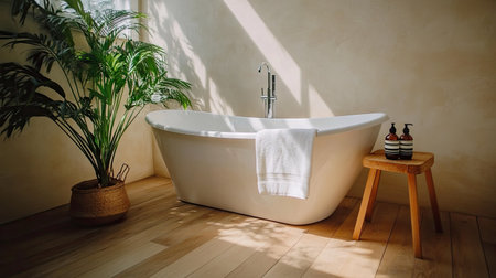 Discover a stylish freestanding bathtub surrounded by lush greenery, featuring soft sunlight and a serene ambiance ideal for relaxation and beauty.の素材