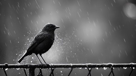 A bird perched on a fence in the rain, shaking off water from its feathers.の素材
