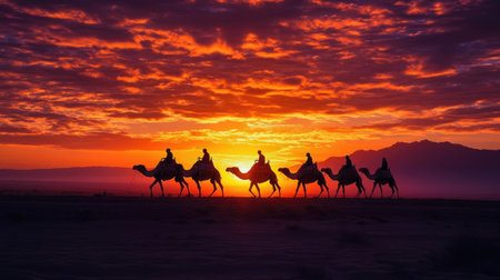A caravan of camels crossing the desert at sunset, their silhouettes creating a beautiful contrast.の素材