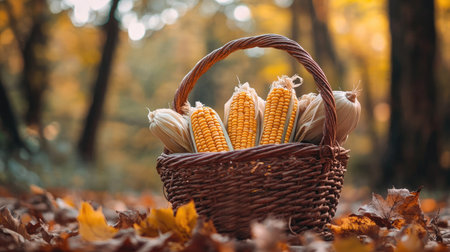 A basket of freshly harvested corn and squash, set against a backdrop of autumn trees.の素材