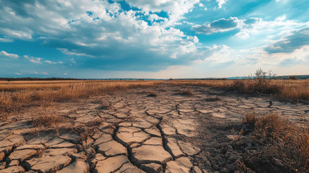 A barren landscape with cracked earth, dry bushes, and no water in sight, symbolizing drought in the dry season.の素材