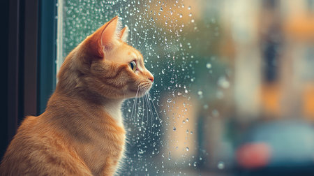 A cat sitting by the window, staring out at the rain with droplets running down the glass.の素材