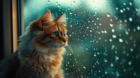 A cat sitting by the window, staring out at the rain with droplets running down the glass.の素材