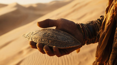 A close-up of a nomad hand holding a traditional desert artifact, against the backdrop of rolling sand dunes.の素材