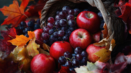 A close-up of a cornucopia filled with apples, grapes, and autumn leaves, representing a fall harvest.の素材