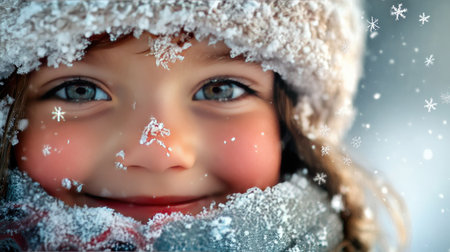 A close-up of a child's face, smiling and red-cheeked, with snowflakes resting on their hat and scarf.の素材