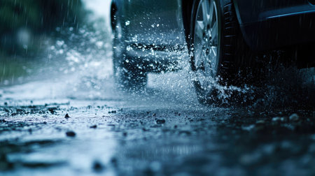 A car driving through a heavy rainstorm, with water splashing up from the tires.の素材