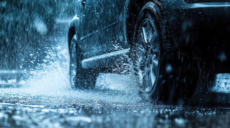 A car driving through a heavy rainstorm, with water splashing up from the tires.の素材