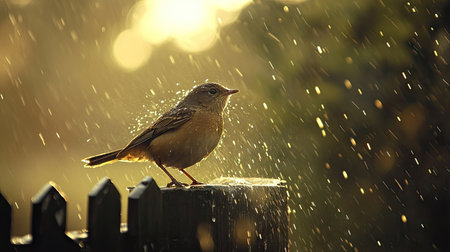 A bird perched on a fence in the rain, shaking off water from its feathers.の素材