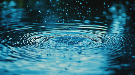 A close-up of raindrops hitting the surface of a pond, causing small splashes and ripples.の素材