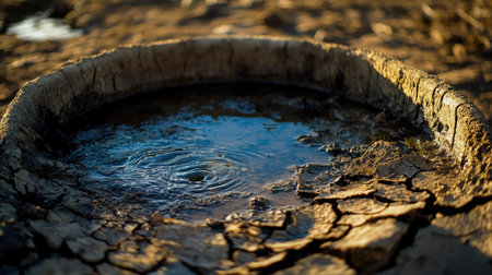 A close-up of a water barrel with only a few drops left, showing the scarcity of water during the dry season.の素材