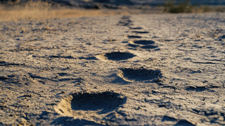 A close-up of desert animal tracks leading into the distance, disappearing into the vast, empty expanse.の素材