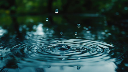 A close-up of raindrops hitting the surface of a pond, causing small splashes and ripples.の素材