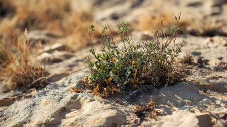 A close-up of desert flora, showing the resilience of small plants that survive in the arid conditions.の素材