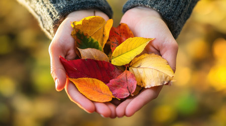 A close-up of hands holding a bundle of colorful autumn leaves, with a blurred forest background.の素材