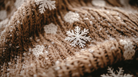 A close-up of a woolen hat with snowflakes resting on the fabric.の素材