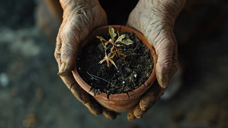 A close-up of hands holding a dying plant in a cracked pot, symbolizing the harsh conditions of the dry season.の素材