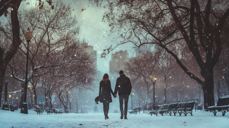 A couple holding hands while walking through a snowy park, their breath visible in the cold air.の素材