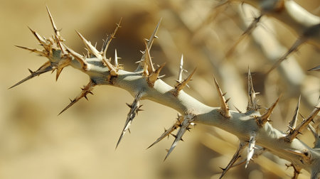 A close-up of desert thorns on a resilient plant, showing the adaptations necessary for survival in the harsh desert.の素材