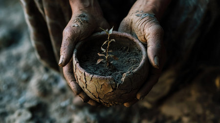 A close-up of hands holding a dying plant in a cracked pot, symbolizing the harsh conditions of the dry season.の素材