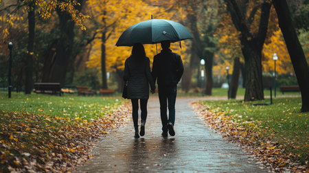 A couple walking hand-in-hand through a park, sharing an umbrella in the rain.の素材