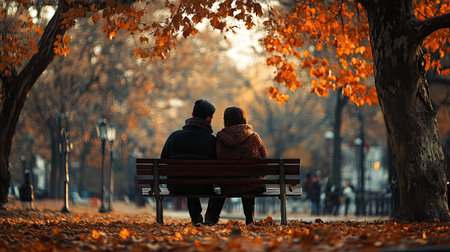 A couple sitting on a bench in a park, wrapped in scarves and surrounded by the warm colors of autumn.の素材