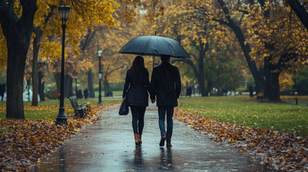 A couple walking hand-in-hand through a park, sharing an umbrella in the rain.の素材