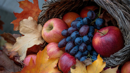 A close-up of a cornucopia filled with apples, grapes, and autumn leaves, representing a fall harvest.の素材